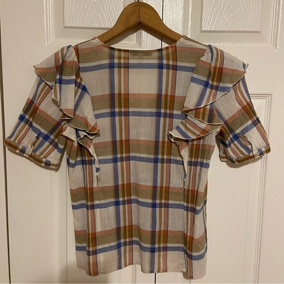 Madewell V-Neck Shoulder-Ruffle Top in Plaid Checkered Gauzey Blouse Size Small - Picture 7 of 9